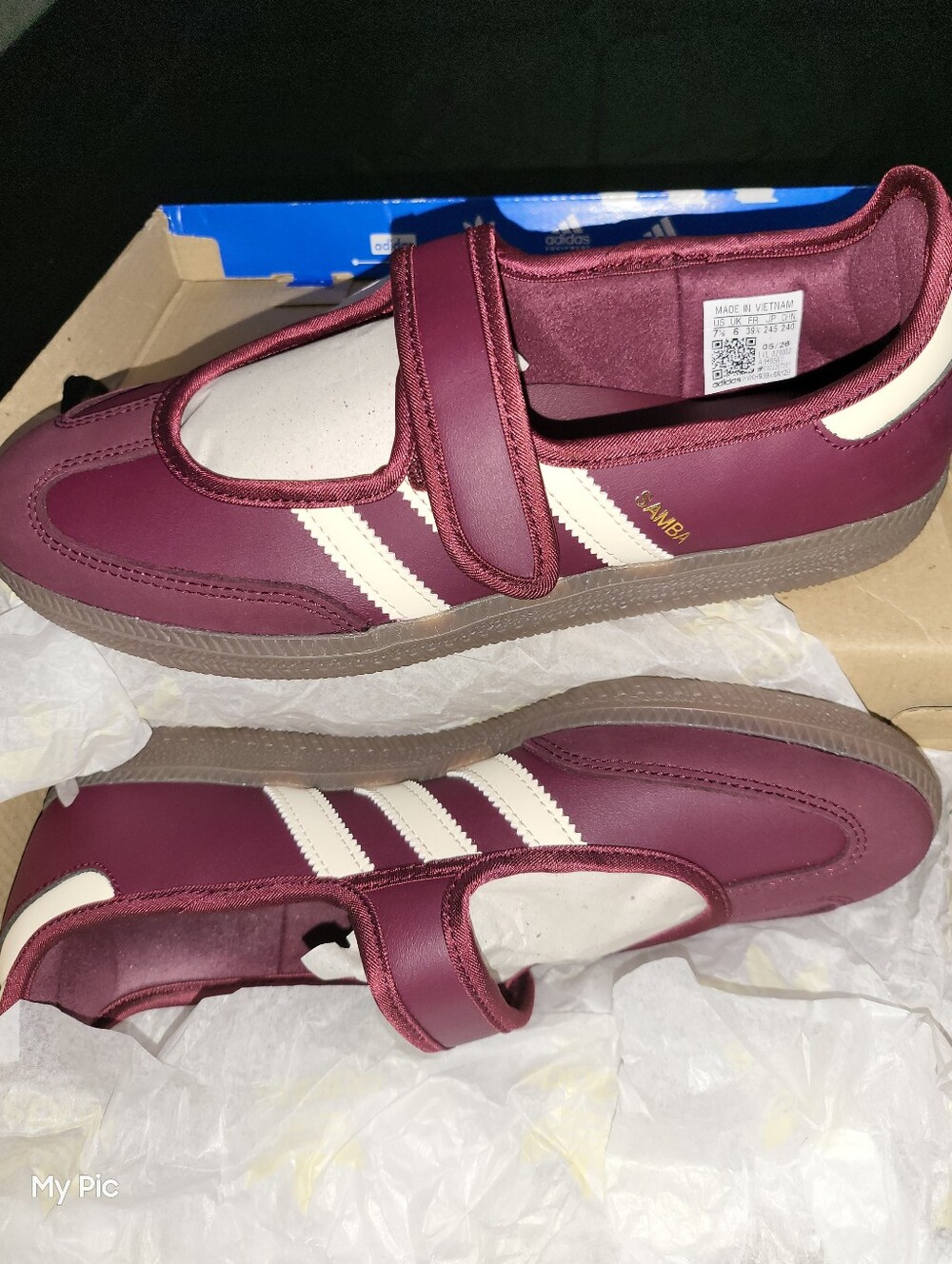 NWOT - Adidas Women's Burgundy Mary Jane-Style Flats with Cream Stripes